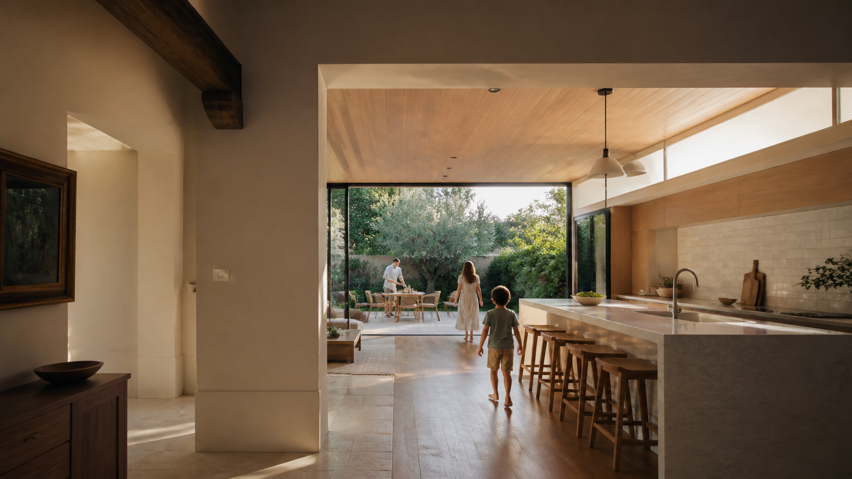Architectural home addition opening existing living space toward the garden