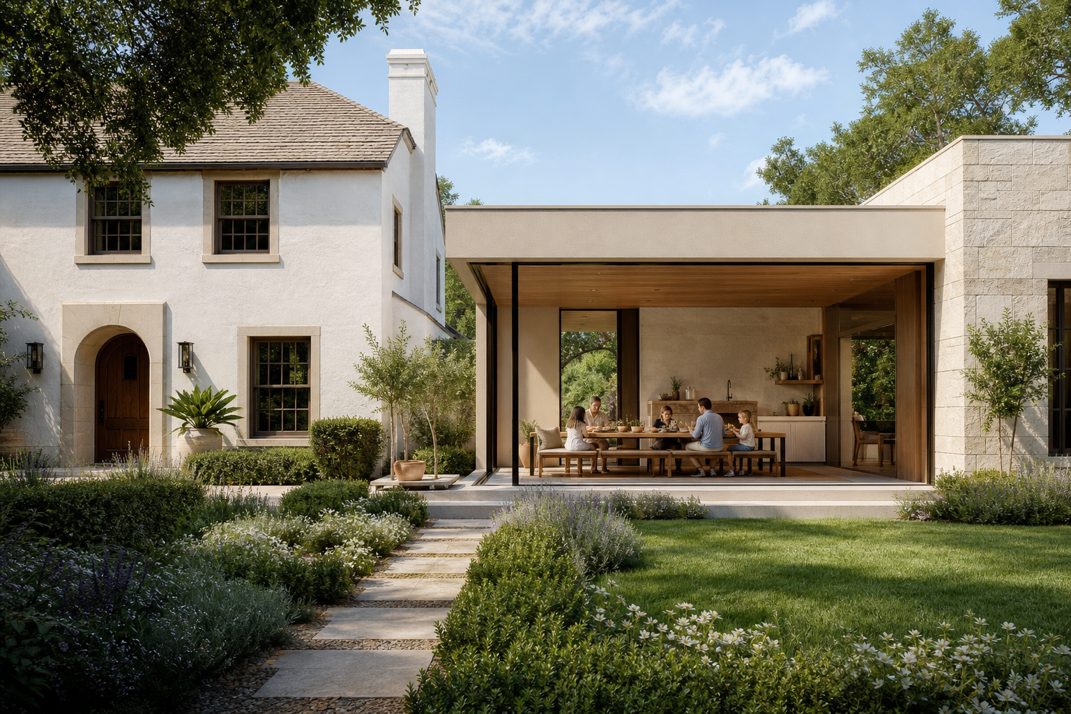 Original and new wings forming one calm home around a garden court