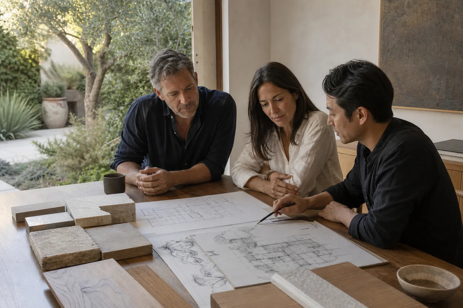 An architect and homeowners discussing plans and material samples for a site-specific addition