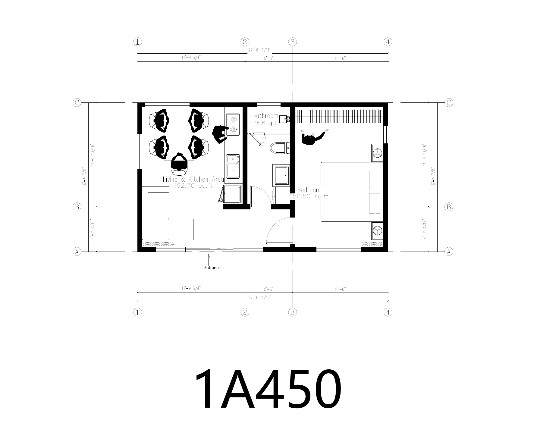 Concept floor plan for the 1A450 one-bedroom guest residence
