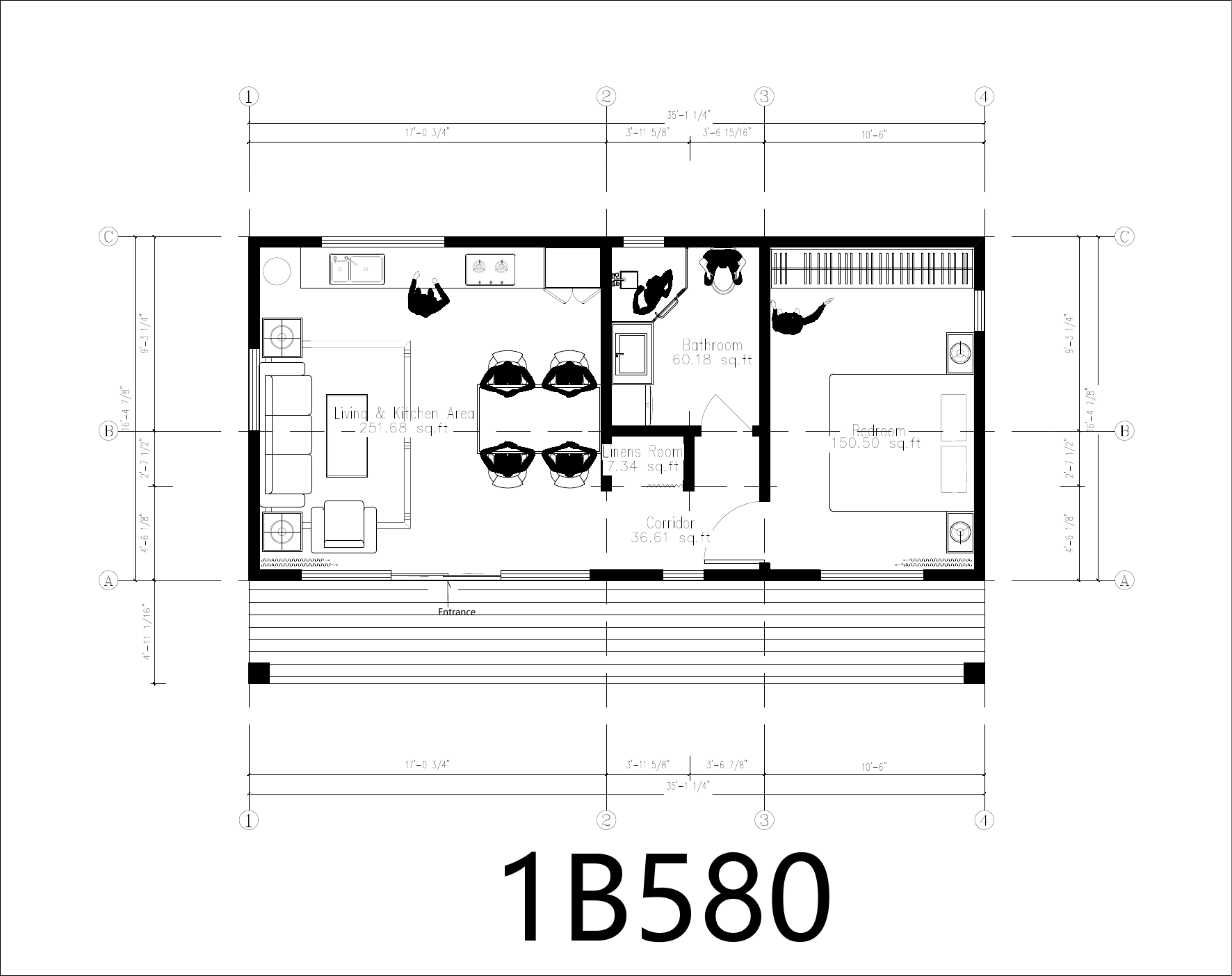 Concept floor plan for the 1B580 one-bedroom guest residence