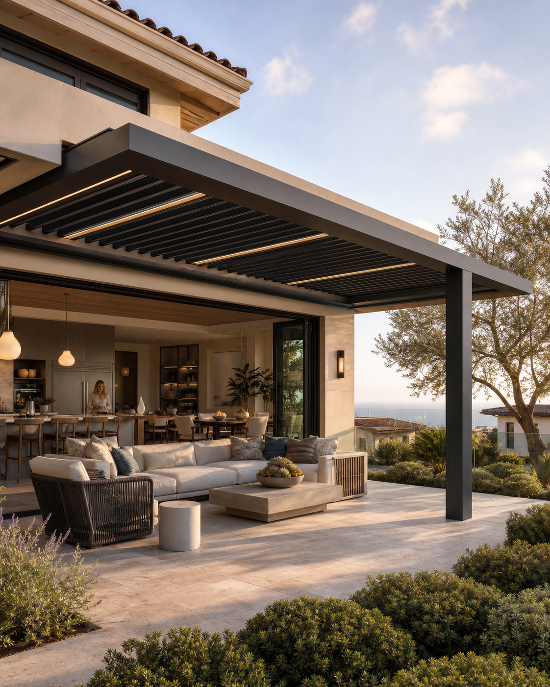 An attached pergola continuing the architecture of a modern California residence