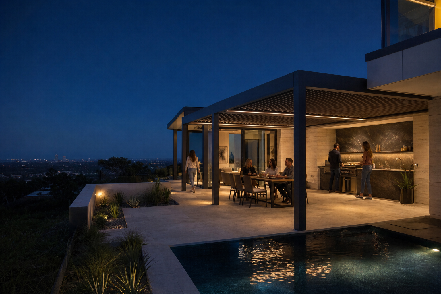 A complete outdoor room supporting evening conversation at a California residence