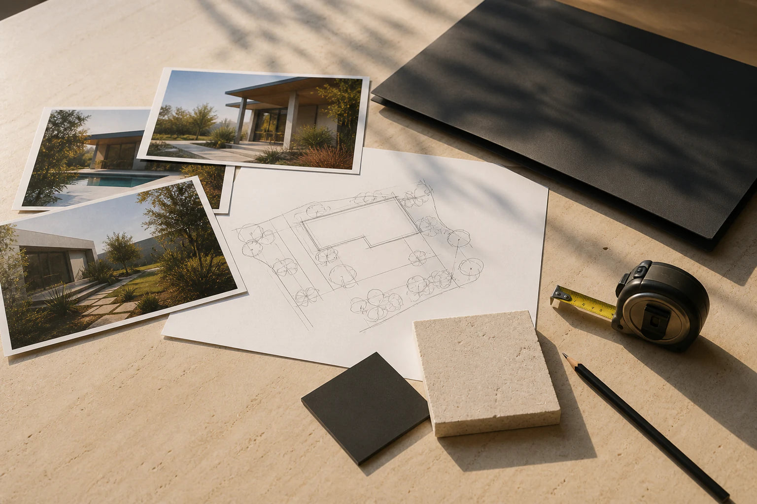 Architectural drawings, material samples and property references prepared for a design conversation