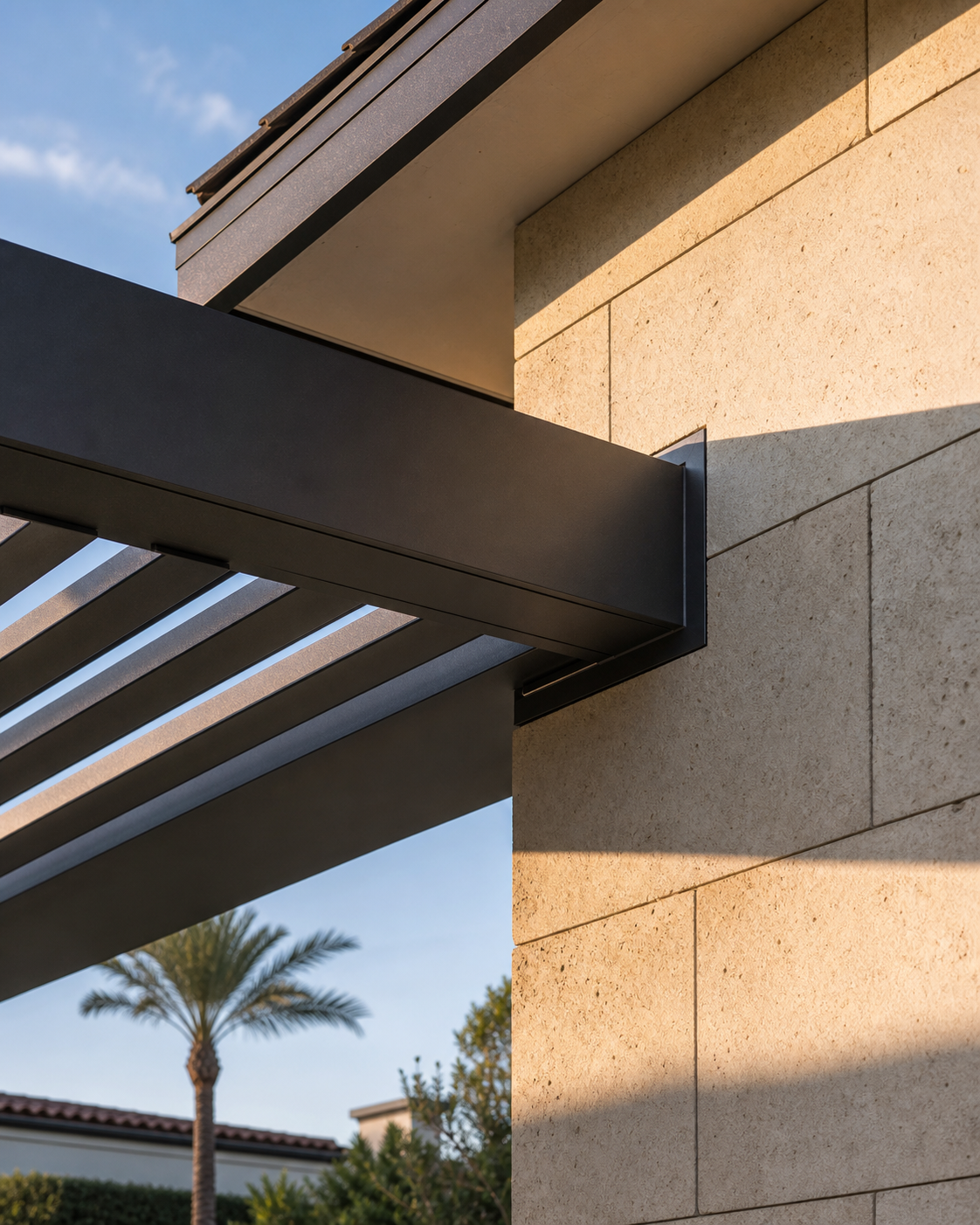 A precise pergola connection coordinated with a modern residence