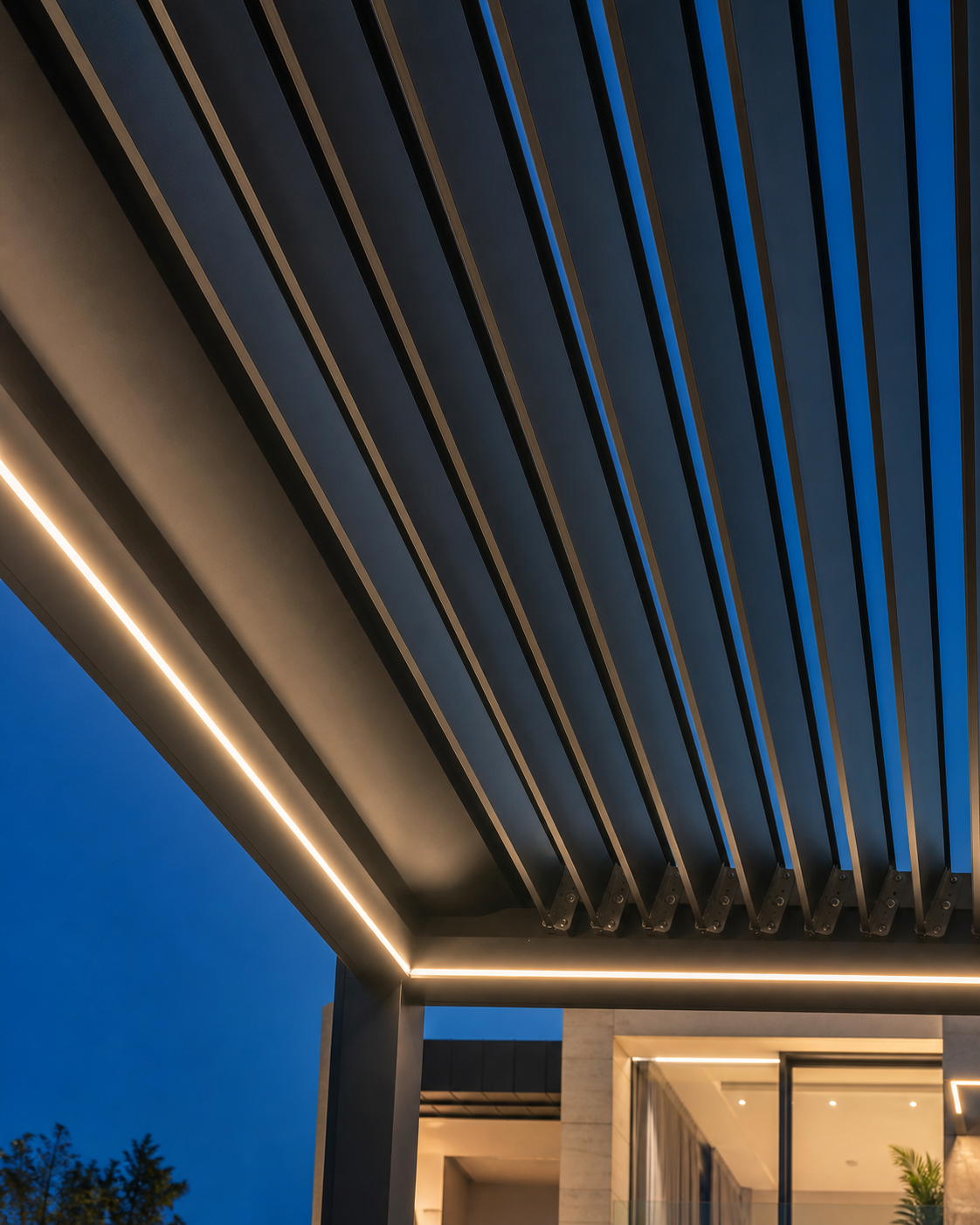 Aligned louvers and integrated warm light within a pergola frame