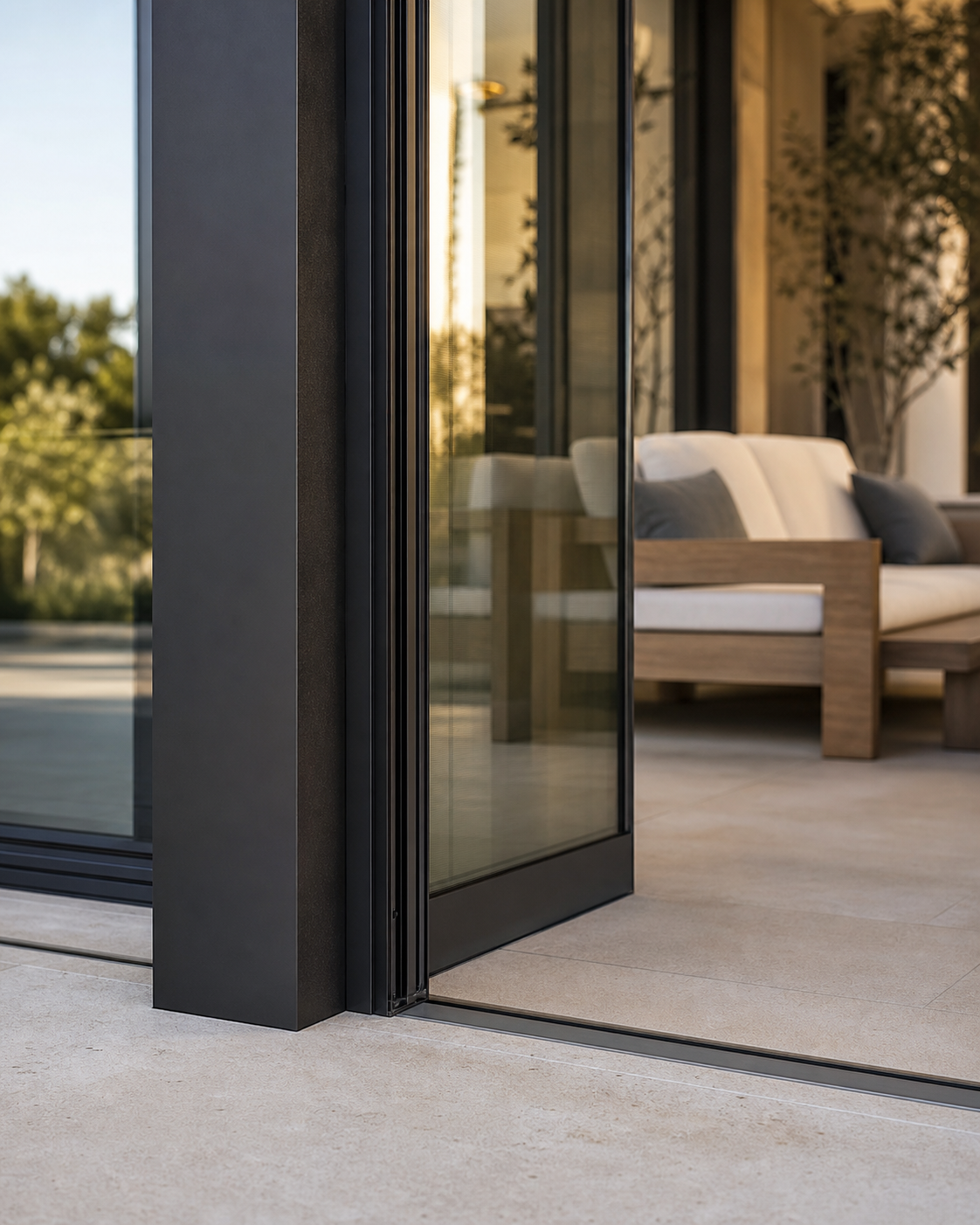A refined glass and screen track integrated with an aluminum pergola post