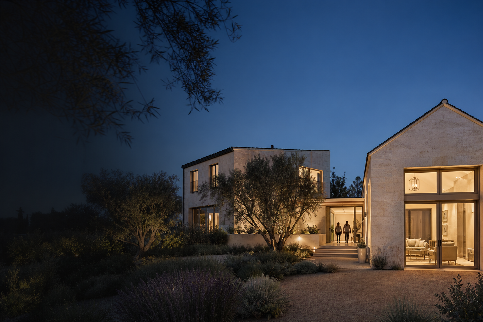 A completed Sanluce living environment integrated with a California home at dusk