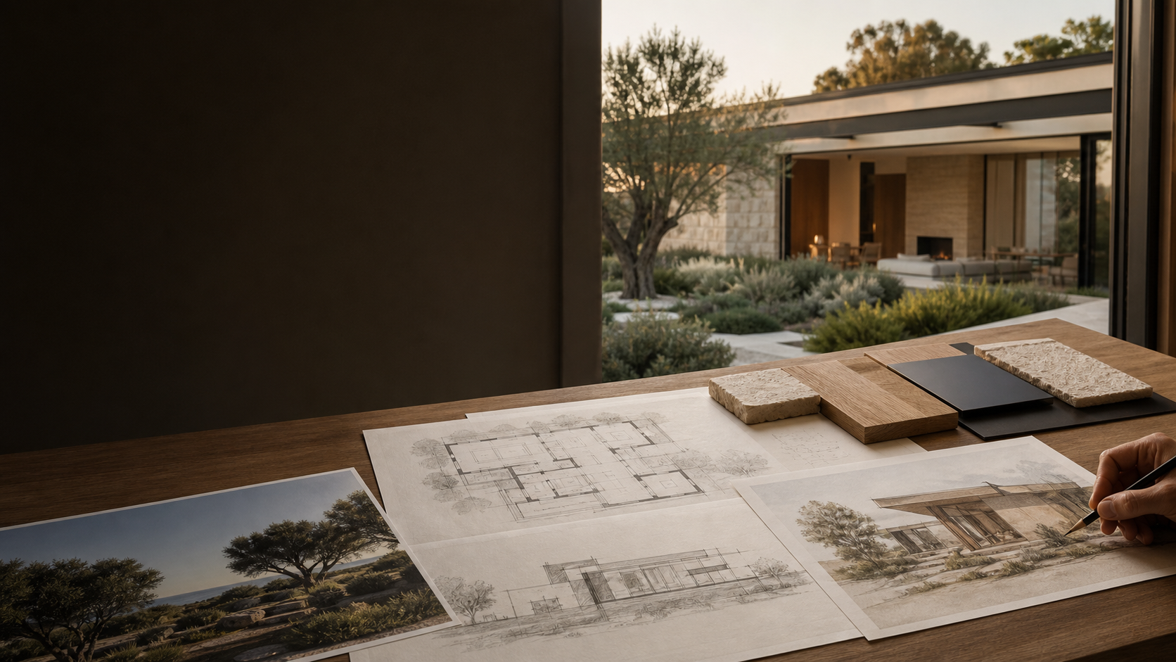 Architectural drawings, material samples and a California property studied for a Sanluce project