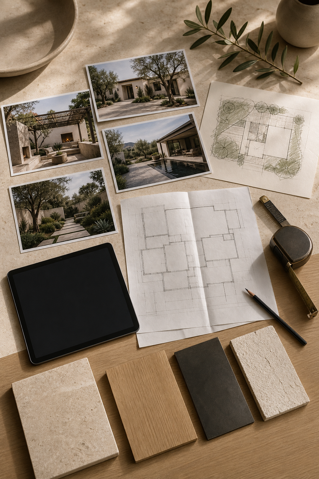 Property photos, architectural plans, measurements and material references prepared for a Sanluce design conversation