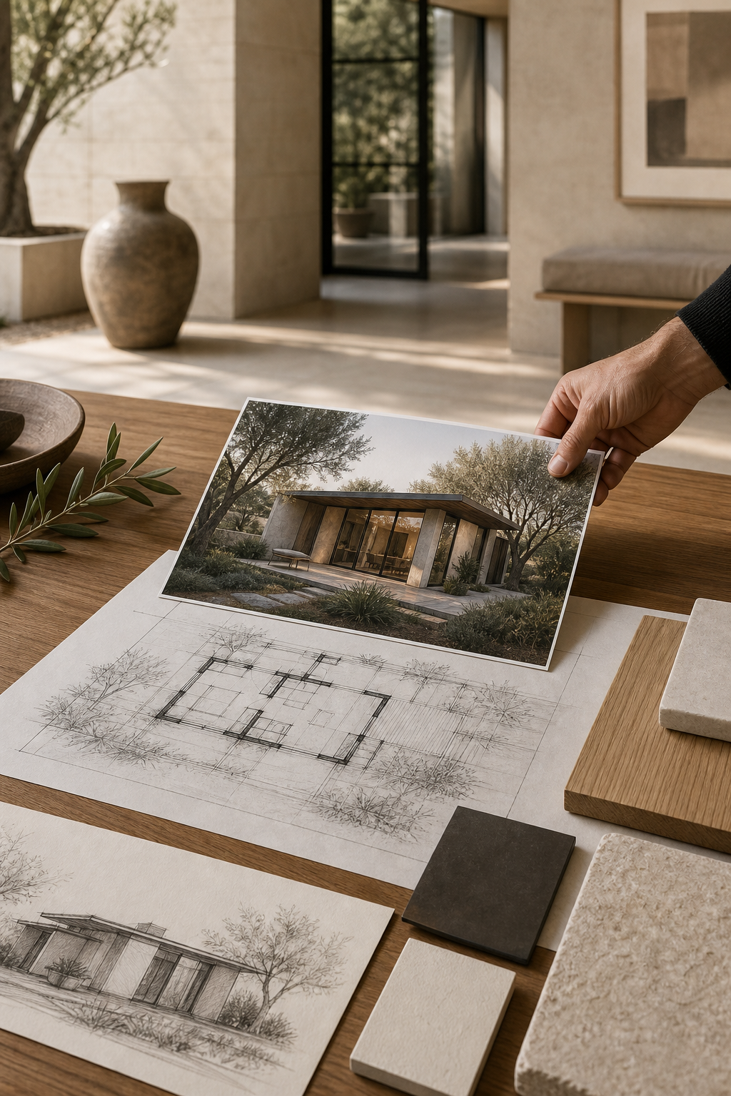 A refined architectural concept with plan, exterior study and material palette