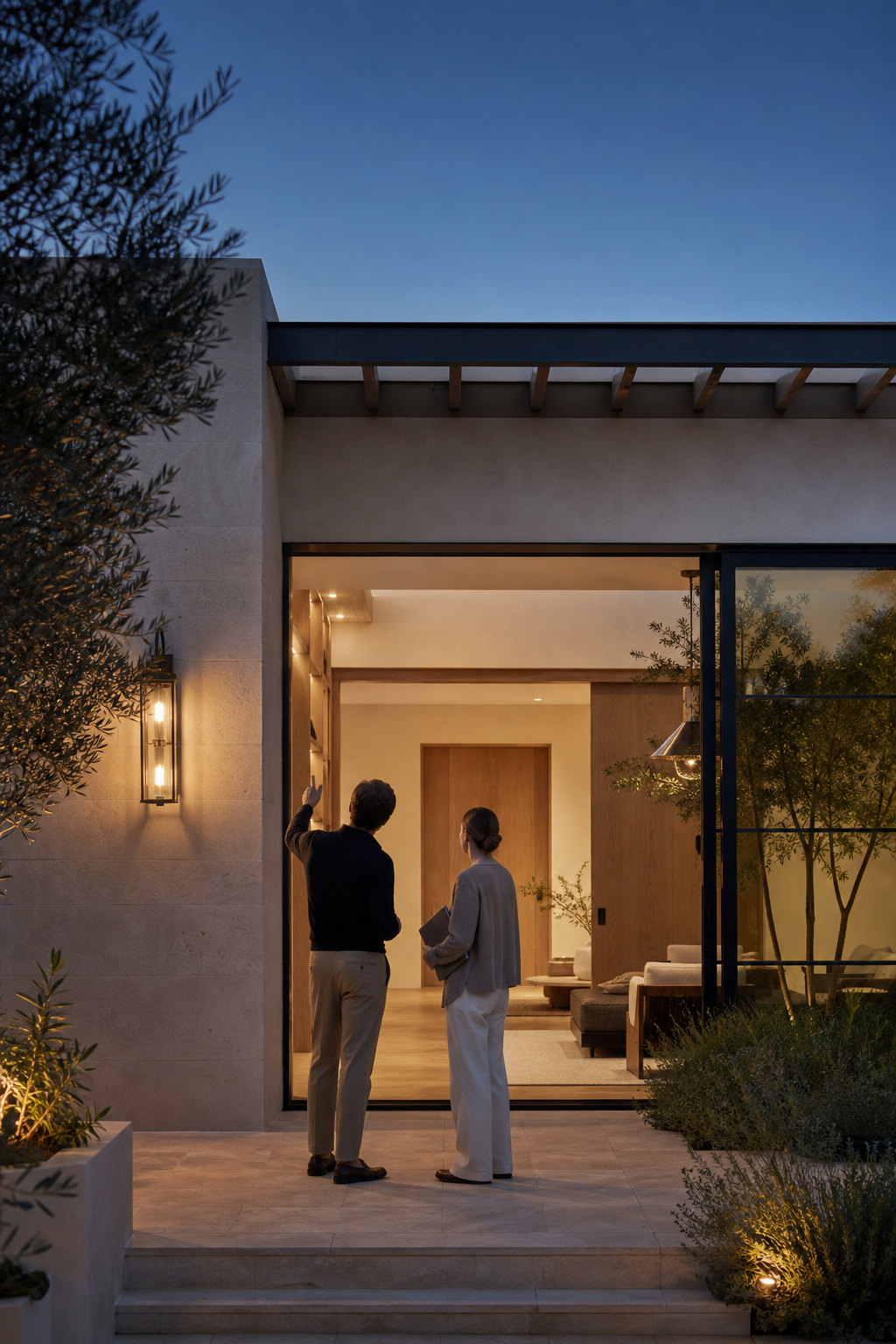 A completed Sanluce living environment at dusk during the final client walkthrough