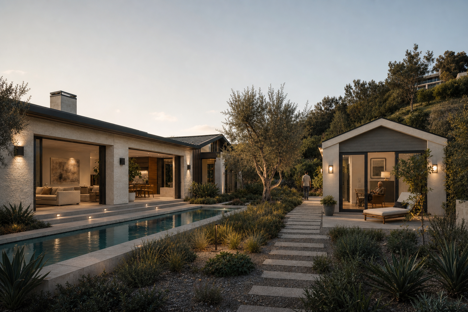 New residential volume composed in proportion with an existing California home