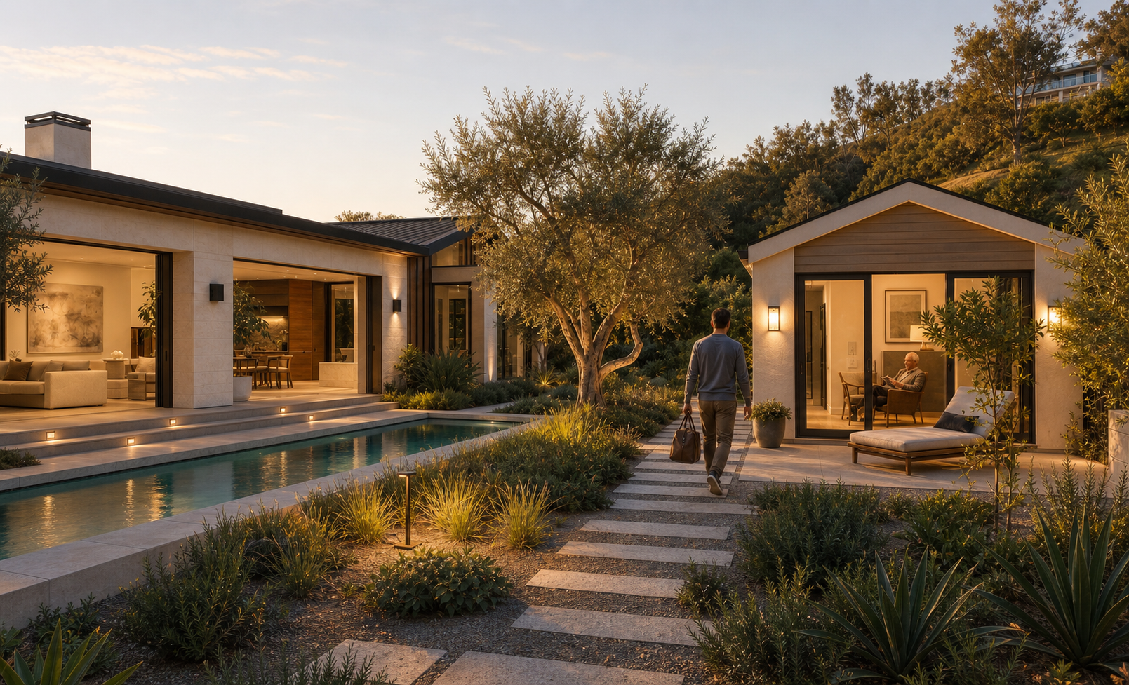 Independent backyard residence with its own arrival and a shared relationship to the California landscape