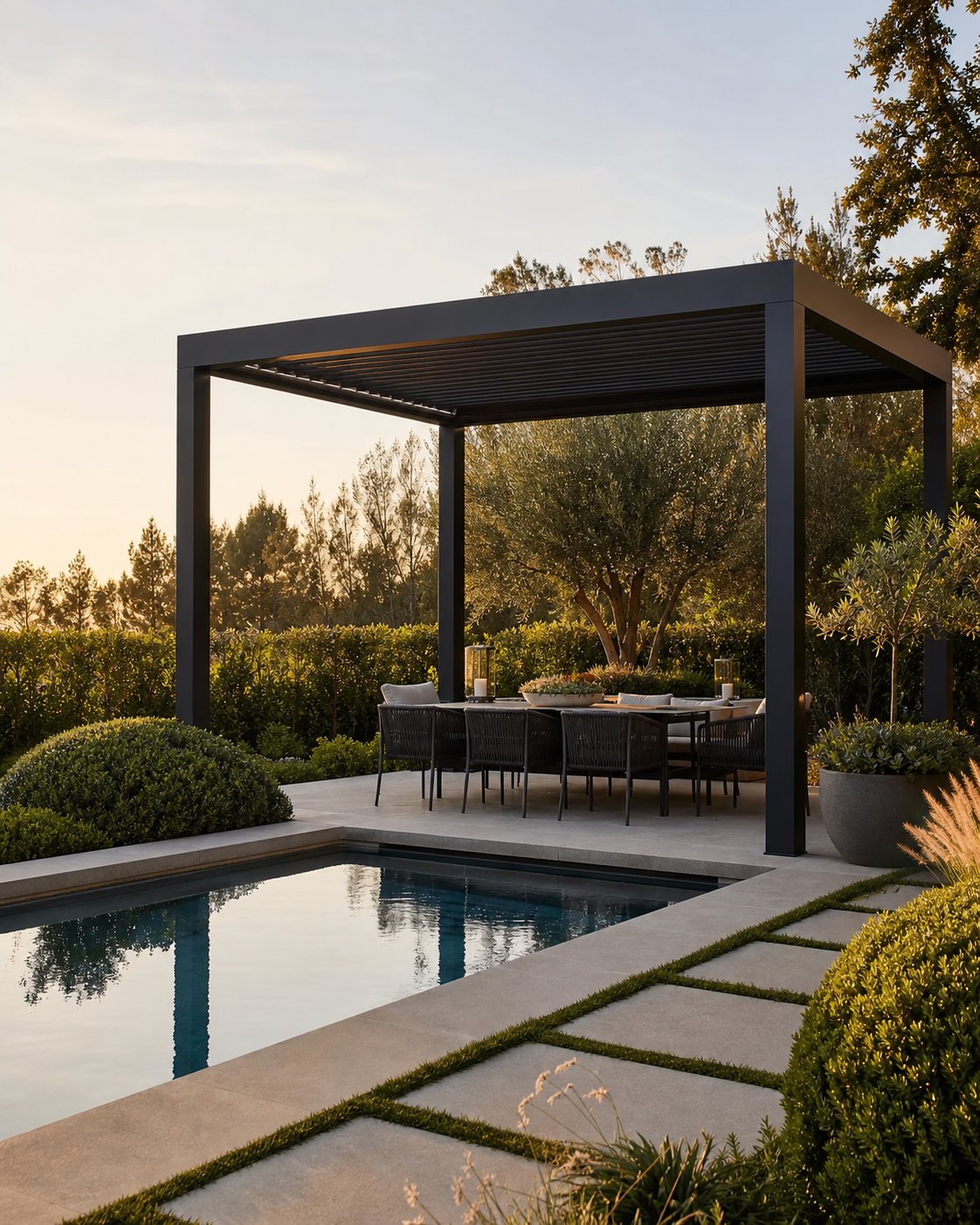 A freestanding pergola creating a poolside destination within a landscaped backyard