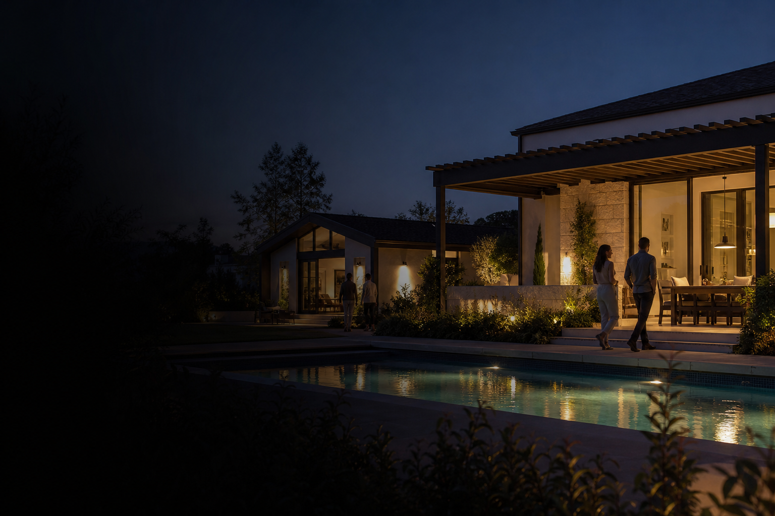 A softly illuminated Sanluce outdoor room at night
