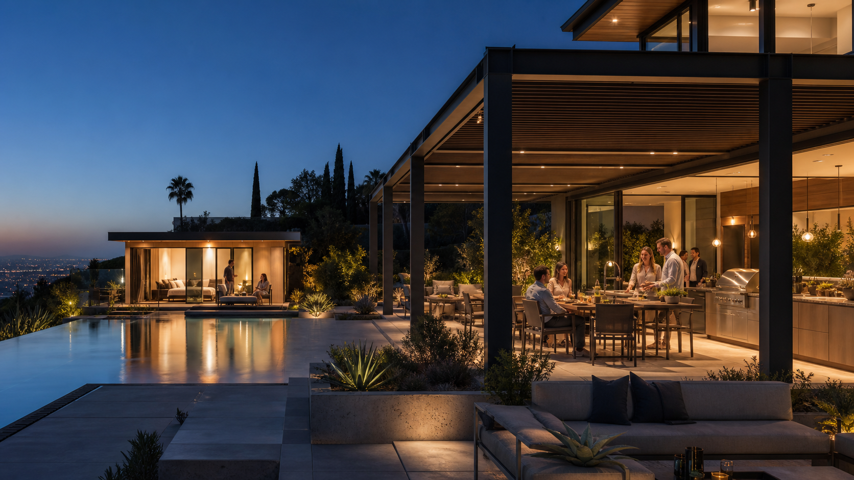 A California residence where expanded living space, an architectural outdoor room, pool and landscape come together