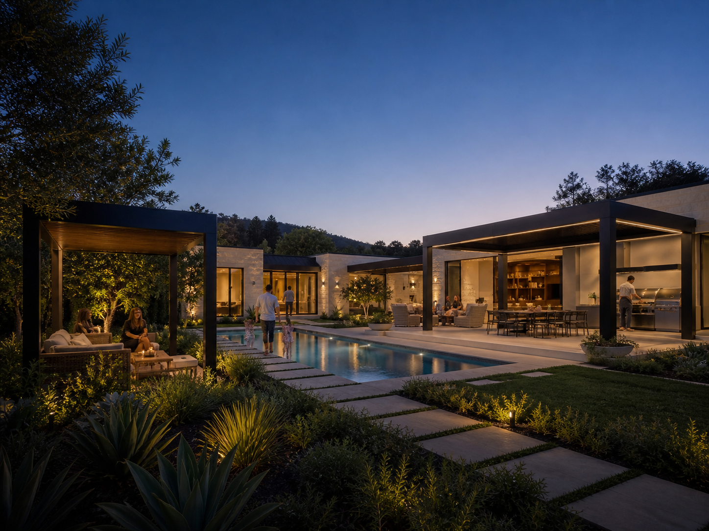 A complete California property with attached and freestanding pergolas, a pool, outdoor kitchen and independent guest residence