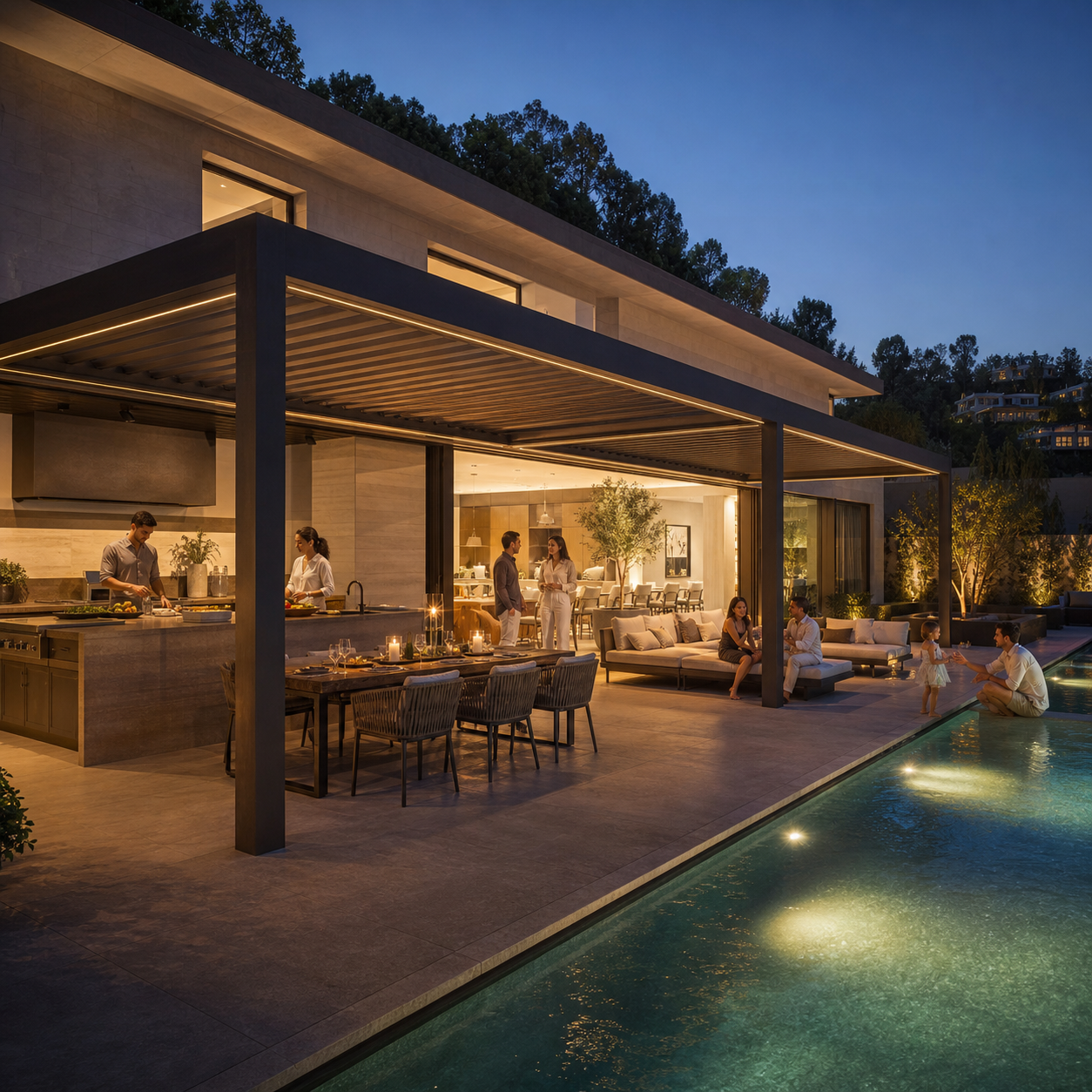 A poolside attached pergola with an outdoor kitchen, open glass wall and several groups enjoying an evening at home