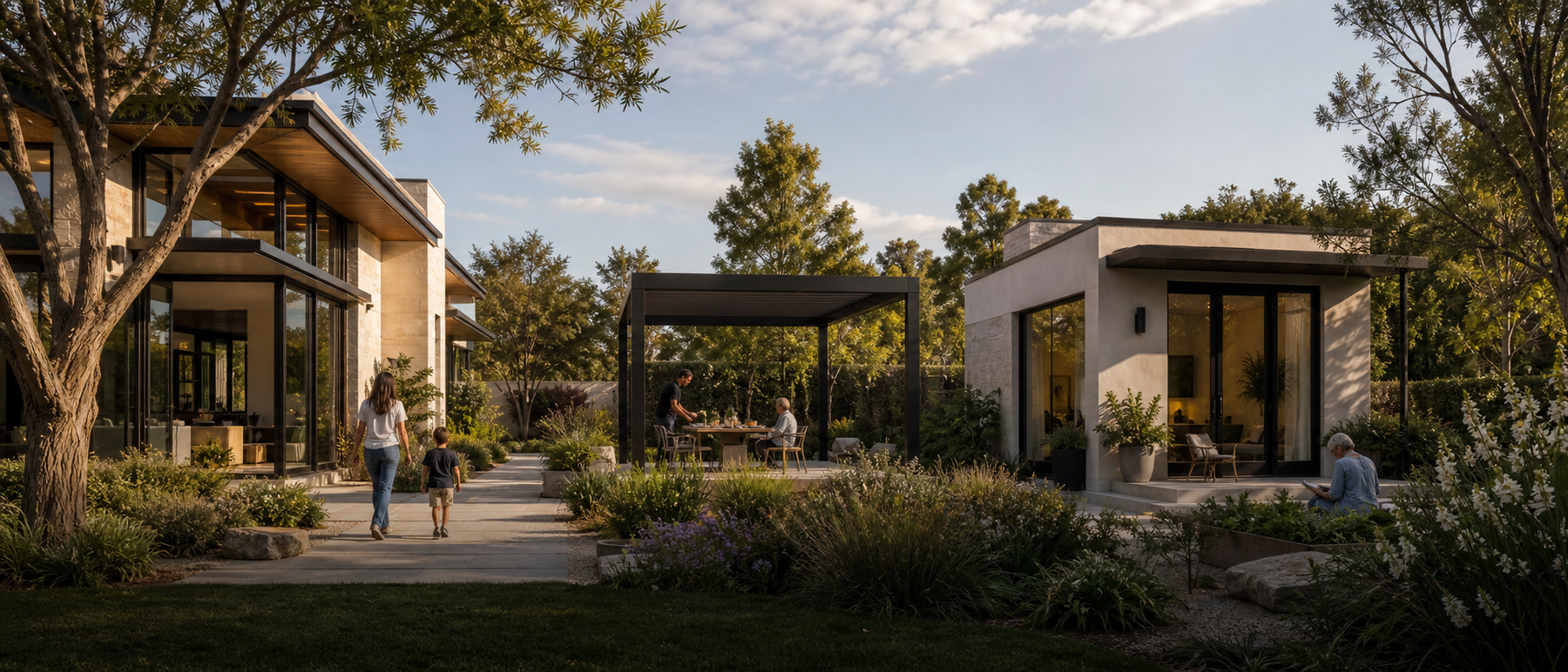 An ADU and freestanding garden pavilion connected to a main home through shared landscape