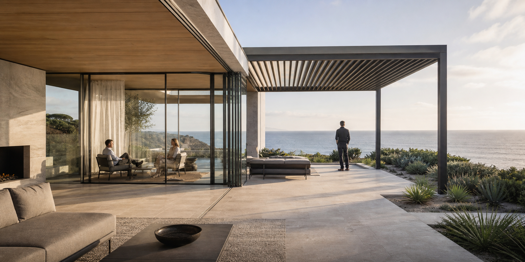 A coastal sunroom and louvered pergola with sliding glass boundaries preserving ocean views