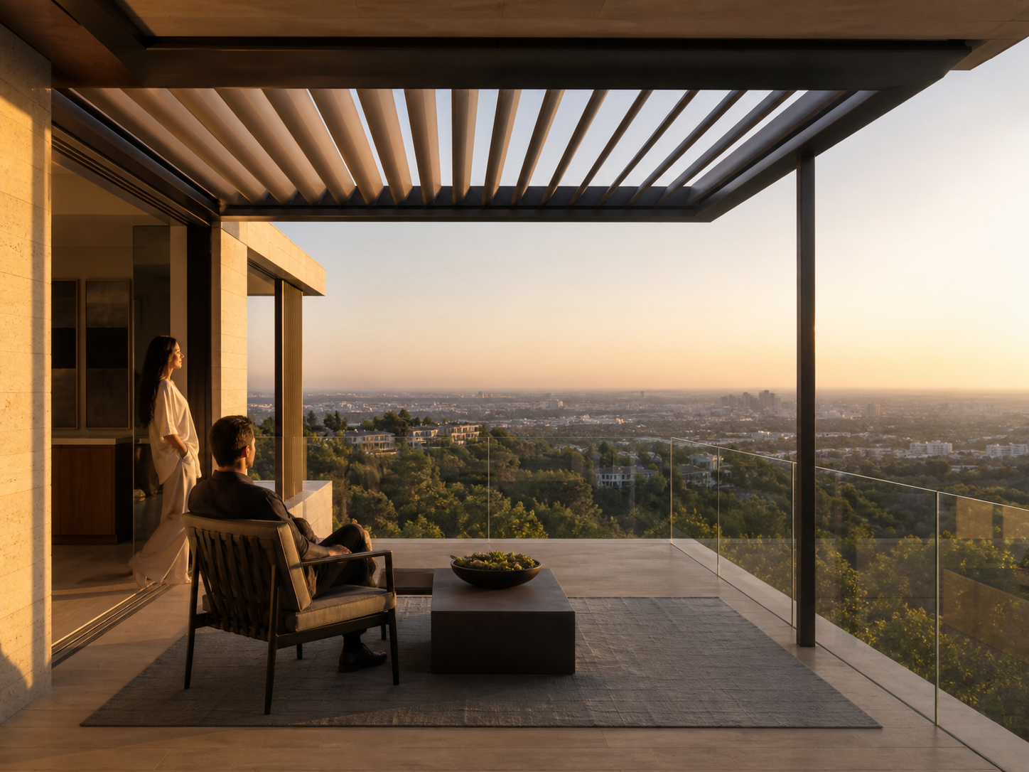 A restrained attached pergola on a hillside property preserving the distant view