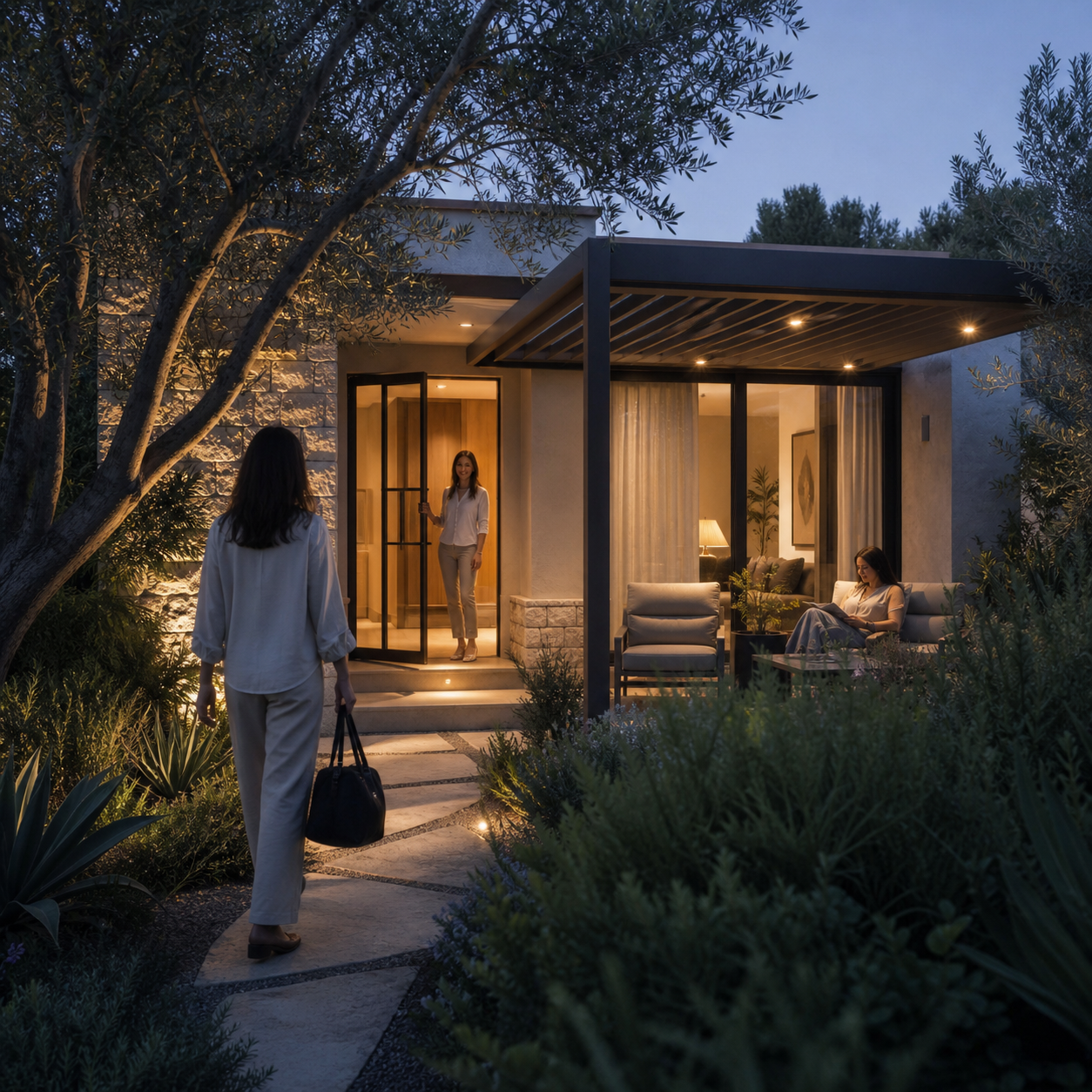 A quiet guest house with a small private pergola and garden terrace
