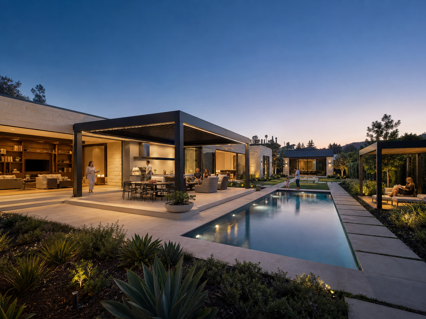 A complete Southern California property connecting indoor living, pergolas, a pool, landscape and an independent guest residence