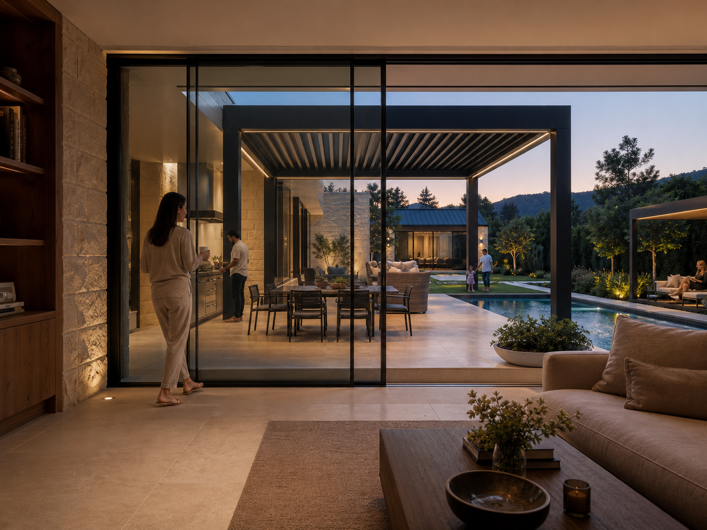A refined California living room looking through glass toward the outdoor rooms and garden