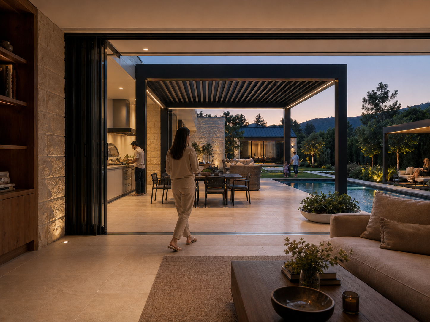 A fully opening glass wall connecting the interior floor and ceiling with an outdoor room