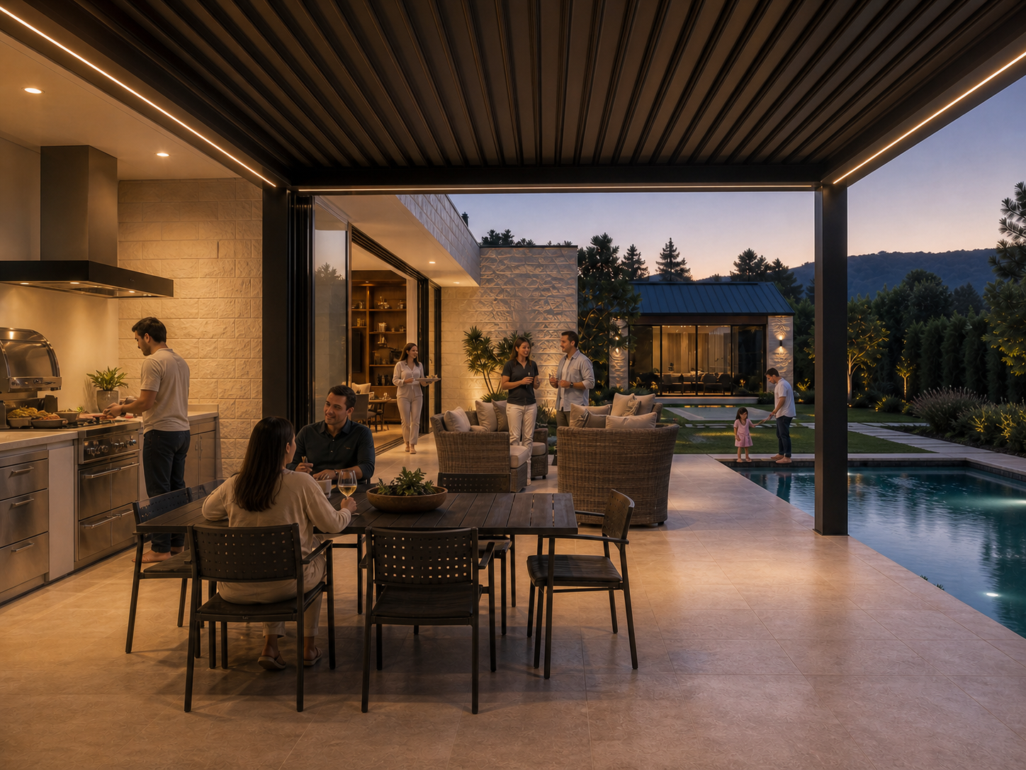 An attached louvered pergola connecting a modern residence, outdoor kitchen, dining and pool