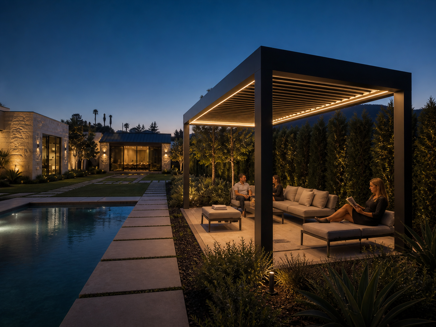 A freestanding pergola across the garden used for hospitality, retreat and poolside life