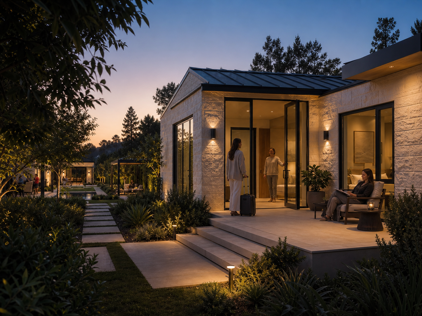 A private guest residence with its own terrace connected to the main property through a shared garden