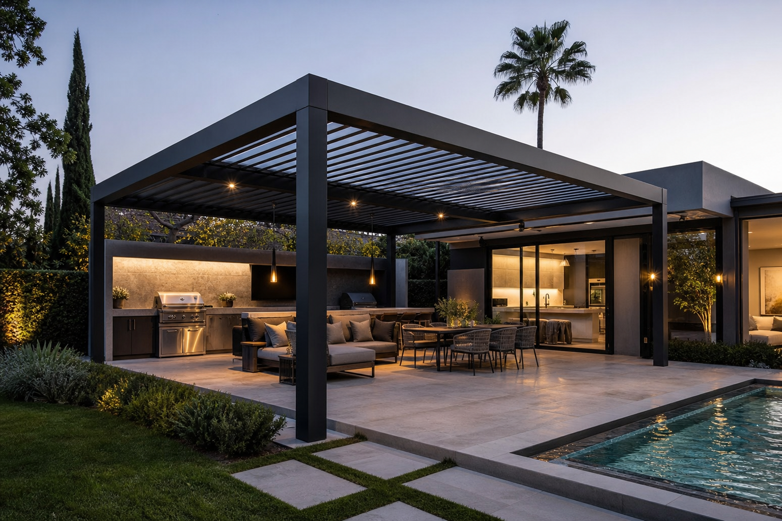 A complete architectural pergola integrated with a modern California backyard