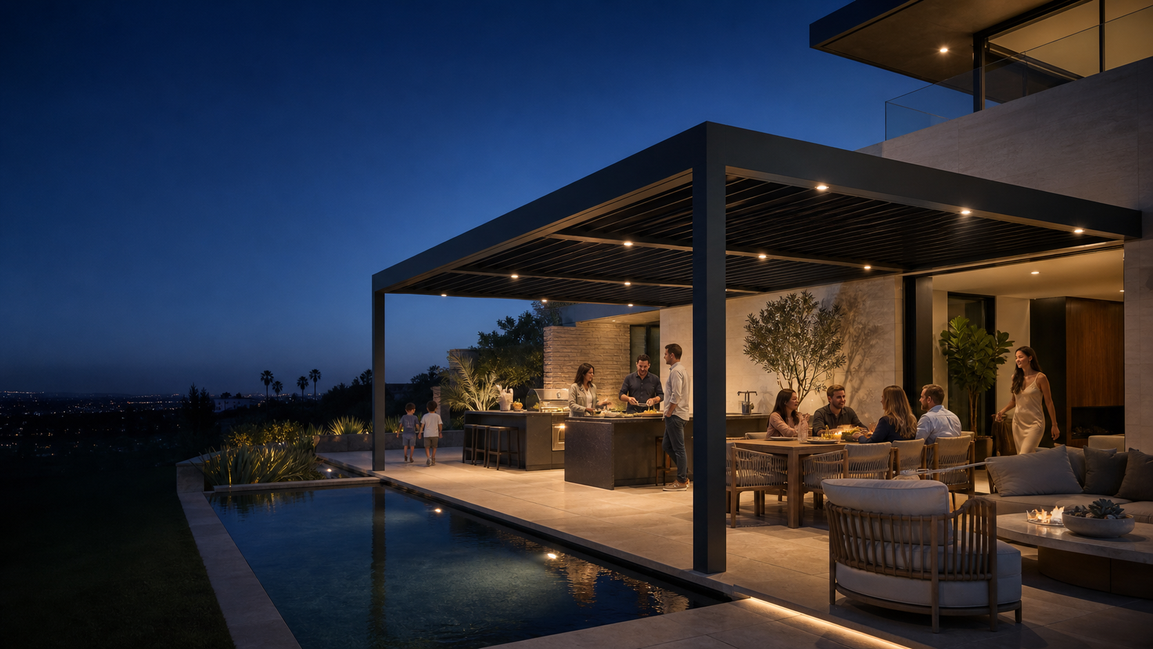A complete Southern California outdoor living environment organized around an attached pergola, pool and outdoor kitchen