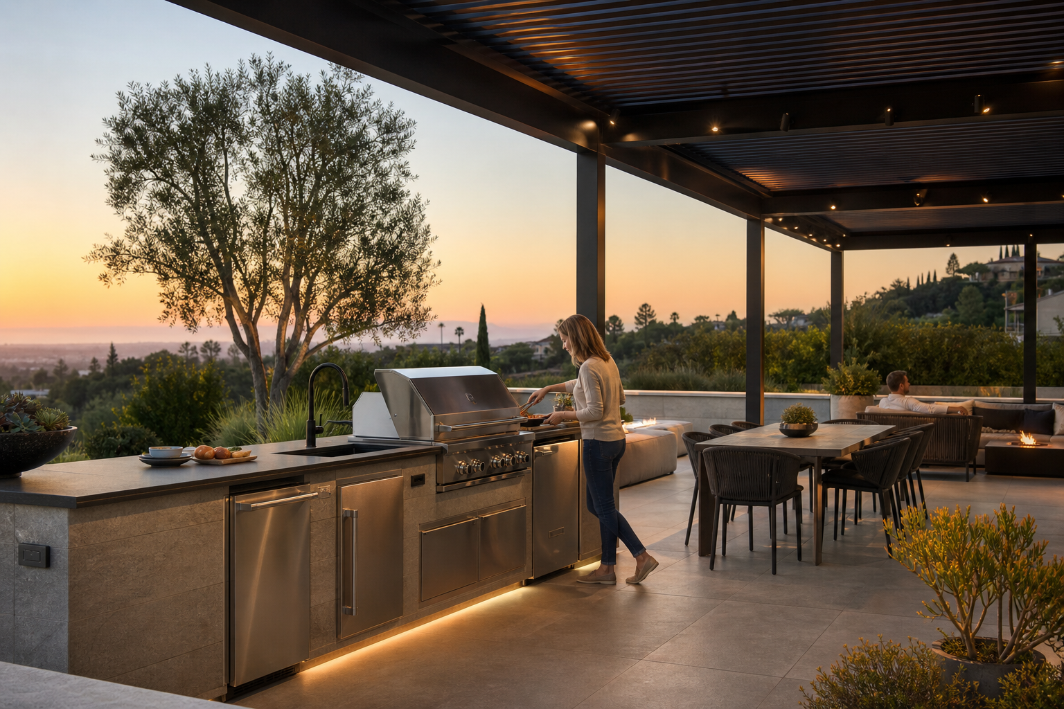 A stone and metal outdoor kitchen integrated into a pergola hospitality space