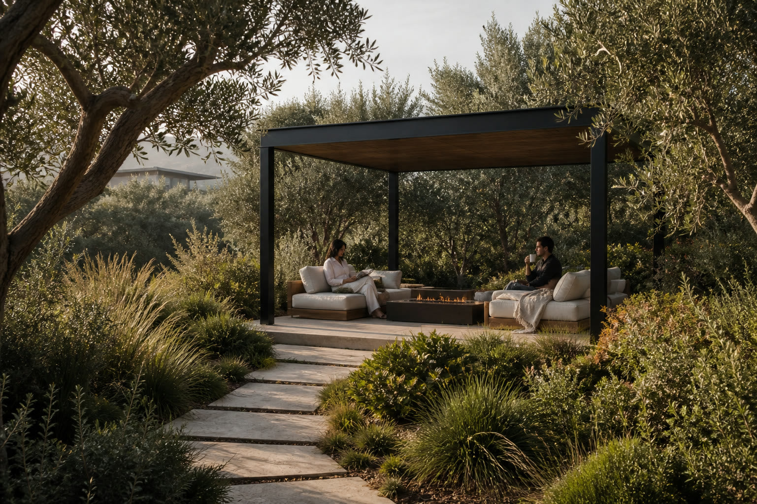 A quiet pavilion reached through layered garden planting