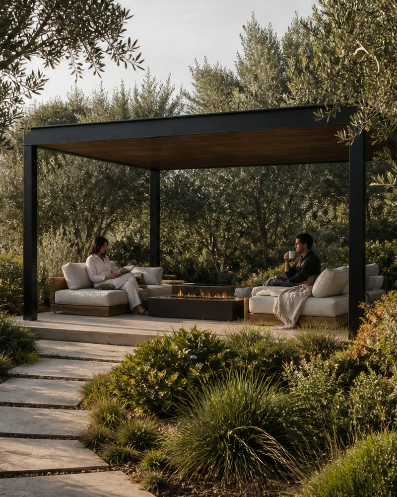 A quiet pavilion reached through layered garden planting
