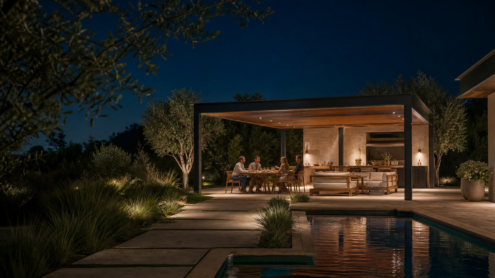 A freestanding pavilion seen across a landscaped California garden and pool