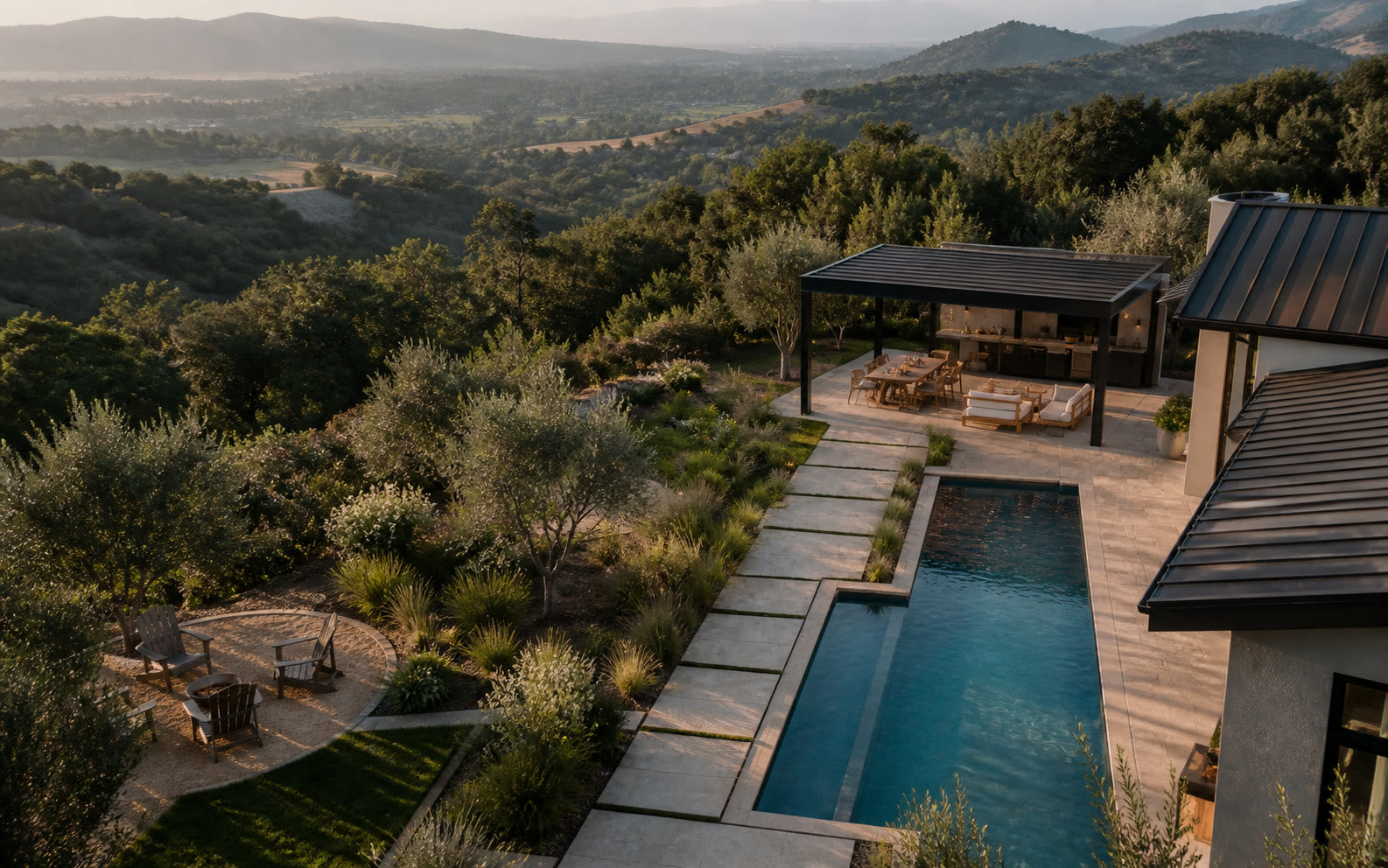 Aerial view of a California property showing poolside, garden and view locations for a freestanding pavilion