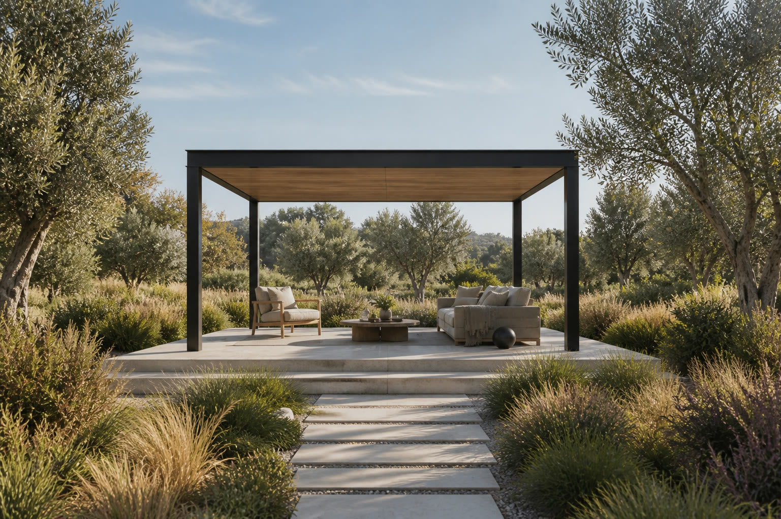 An open-frame freestanding pavilion keeping the landscape visible on every side