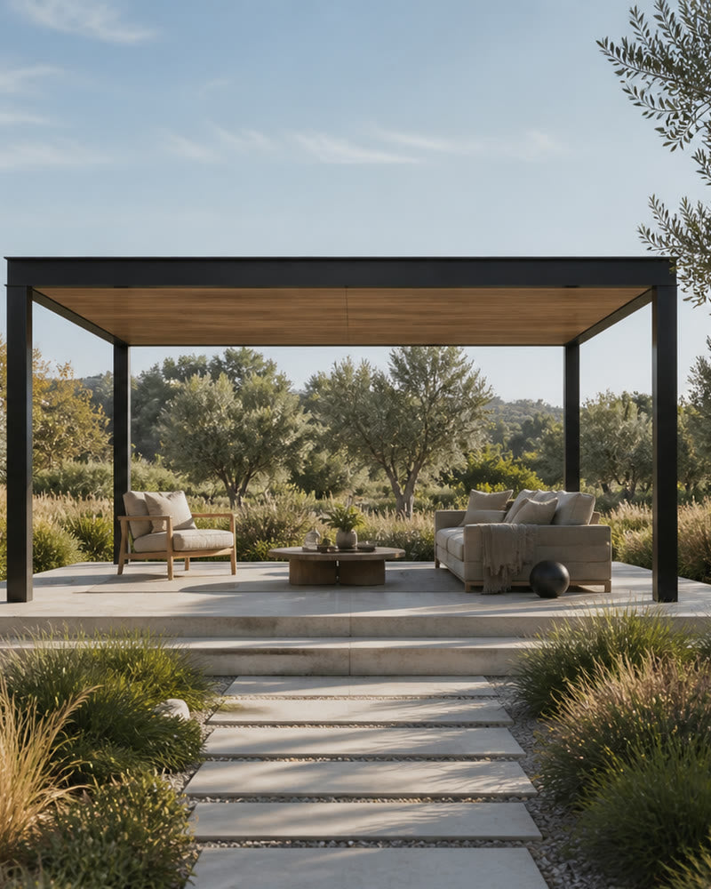Approaching a freestanding pavilion along a landscaped garden path
