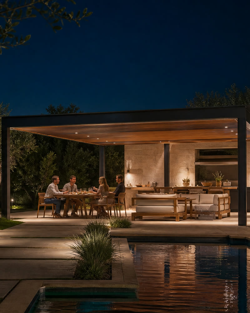 A freestanding pavilion completing a poolside hospitality setting