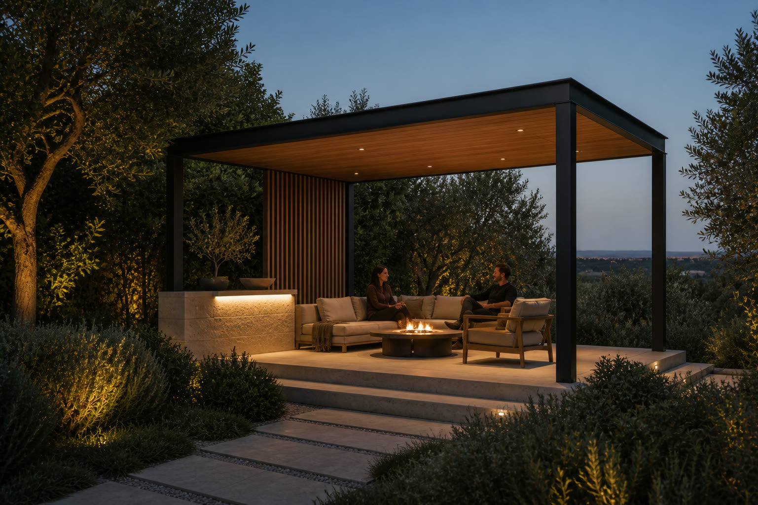 A protected garden retreat with selective screens and warm integrated lighting