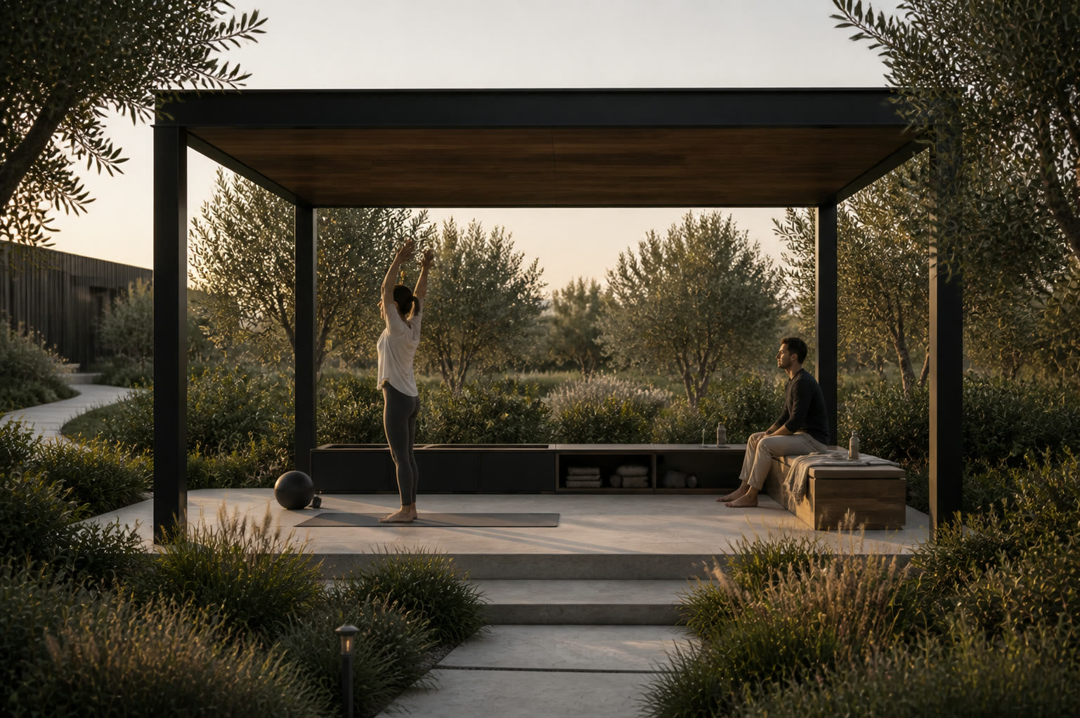 A calm freestanding wellness pavilion in early morning light