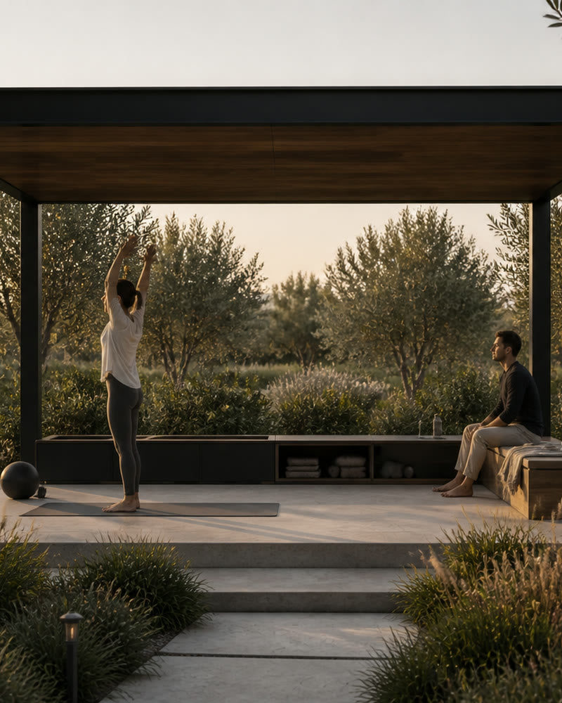 A calm freestanding wellness pavilion in early morning light