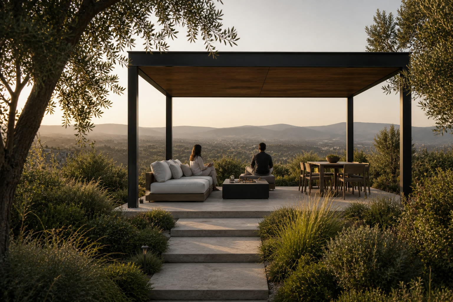 Looking from within a pavilion toward a wide California landscape view