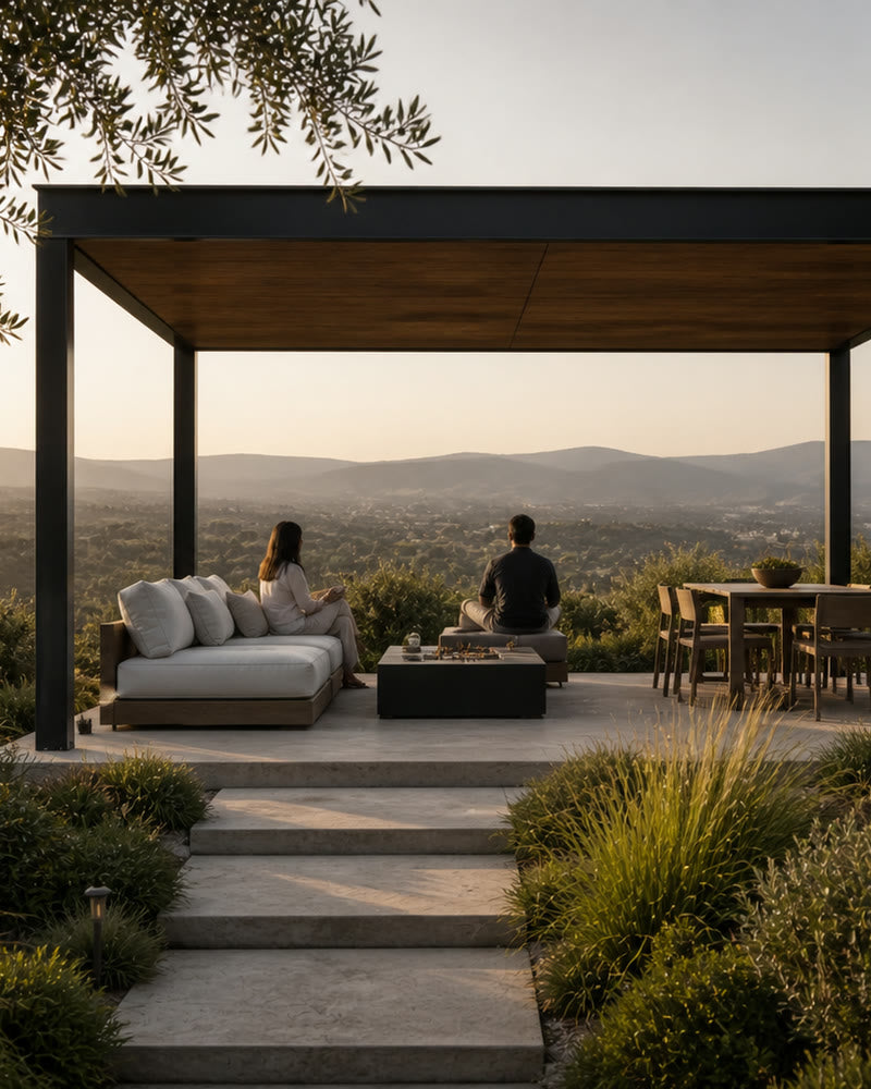 A pavilion placed at the landscape edge to frame a distant view