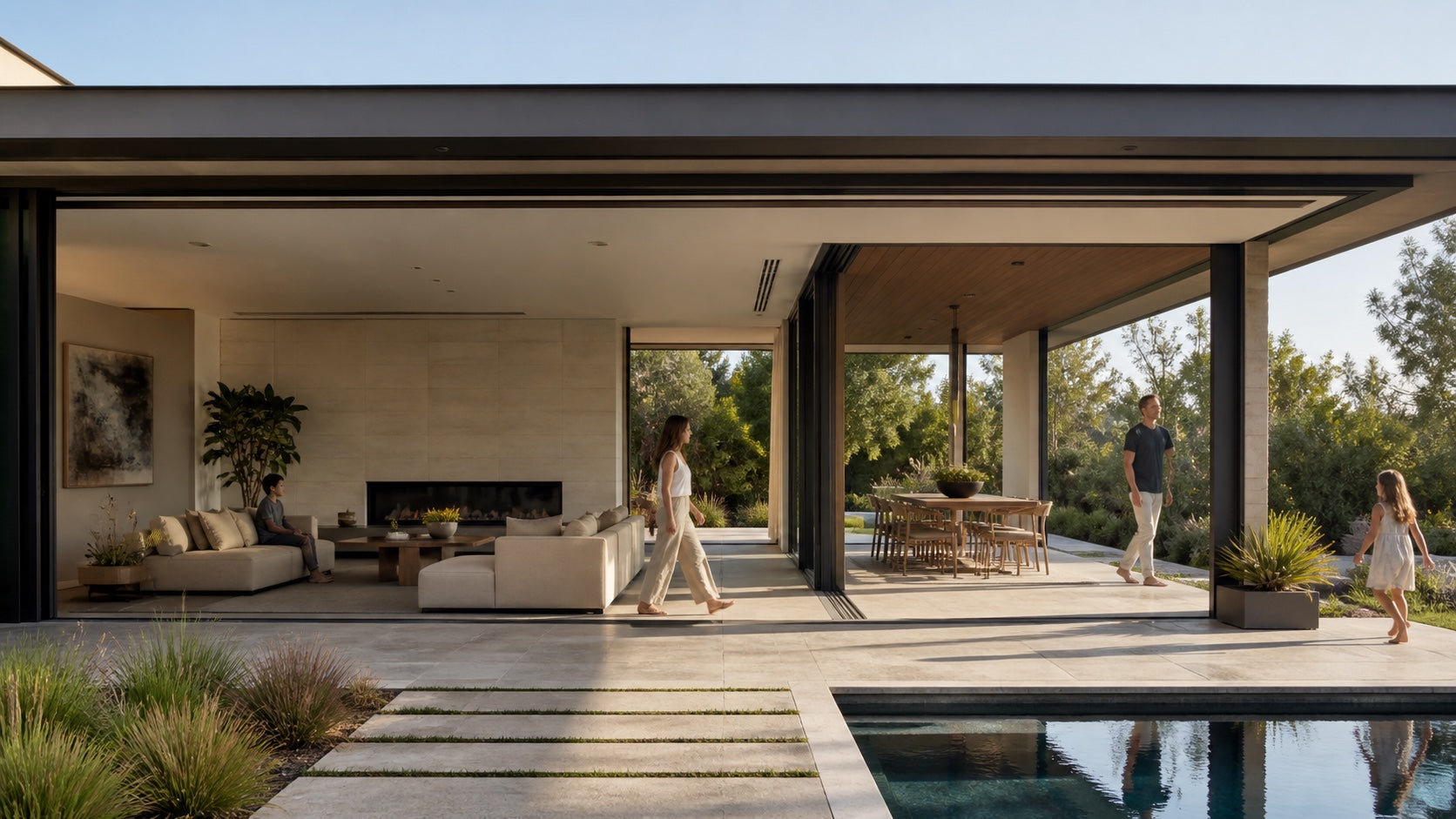 A home and attached outdoor room connected by a moving glass edge