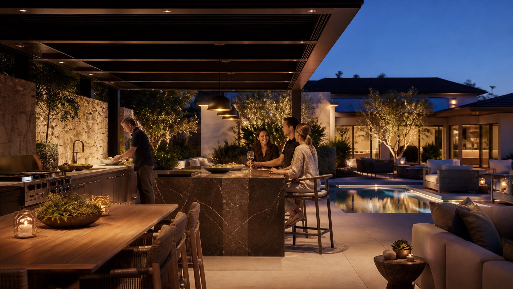 A host preparing food inside a complete pergola, dining and lounge setting while guests gather at blue hour